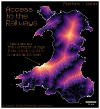Map of Wales. Titled: 'Access to the Railways' The map is a proximity surface, with bright colors representing large distances from a railway station, and darker colors closer to train stations. Additionally the proximity surface is shown with illuminated contours giving the a 3d-ish feel, with the railways running along ridges, and places far from the network appearing to be at the bottom of a hill. The middle of snowdonia and a portion of the west coast are shown as being the furthest from the network. An annotation reads: 'Llangrannog the furthest village from a train station (in a straight line)'. At the top right some text reads: 'Platform Wales'. the credits read: 'by tlohde / OpenStreetMap Contributors'