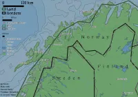A map of northern Sweden, Finland and Norway. The coastline and border between the three countries has been drawn multiple times and different scales. The 1:110 million scale is much more angular than the 1:10 million scale. Bathymetry is shown off-shore. Lakes and rivers are also plotted along with a few settlements. The typeface of the labels and corresponding legend items mirrors the scale of the data plotted, with a more pixelated font used for the 1:110 million scale data, and a more refined version of the typeface used for the 1:10 million scale data.