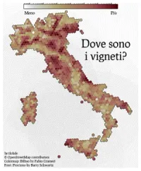 A hexbin map showing density of vineyards across Italy. Map is titled 'Dove sono i vigneti?' The color scale goes from white through warm orange to dark red, with tick marks indicating that it is on a log scale. It is labelled Meno (less) and Piu (more). Credits in the bottom left read: 'by:tlohde / © OpenStreetMap contributors / Colormap: Bilbao by Fabio Crameri / Font: Prociono by Barry Schwartz'.