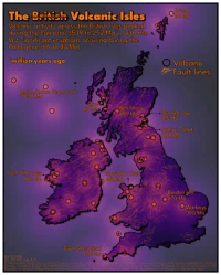 Map of the British Isles showing the location of extinct volcanoes (unfilled black circle markers). and bedrock fault lines (orange lines). The coastline is shown in thick black, with a slight dropshadow. The map is coloured in such that the volcanoes are a bright orange/yellow, and the colour moves to a darker purple with distance from a volcano. The same colourscheme is applied at sea, however with reduced opacity. The title text reads: 'The ~~British~~ Volcanic Isles' with subheading: 'Volcanic activity across the British Isles peaked during the Paleozoic (539 to 252 Ma*), with the last significant eruptions occuring during the Paleogene (66 to 43 Ma). *million years ago'. A few key volcanoes are highlighted: Anton Dohrn Seamount (70-41 Ma); Erlend (58 Ma); Rum (60 Ma); Ben Nevis (299 Ma); Dundee Law (415 Ma); Arthur's Seat (299 Ma); Loch Na Fooey (490 Ma); Mynydd y Dref (450 Ma); Bardon Hill (570 Ma); Warboys (300 Ma); Gurnard's Head (400 Ma)