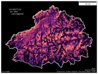 A map of the Cairngorms national park. Black background with white national park border. Within the national park the terrain is represented by colors ranging from black through dark purples to bright orange. Brighter colours represent regions that are 'more visible' than darker regions, as these areas can be seen from more summits. The resulting sum of viewsheds bears strong resemblance to the underlying topography.