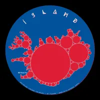 Graphic representation of Iceland. The frame is circular, with a blue background. Iceland is depicted as a series of circles of decreasing size, tightly packed together. The circles are red. The title is ÍSLAND and the capital, Reykjavík, is also labelled. Credits at the bottom read: Encircled Iceland Incircles / by-tlohde / made with Natural Earth