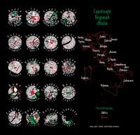 On the left-hand side is a 4 x 5 grid of circular maps showing the city centres of each of the twenty regional capitals of Italy. Only polygons of parks and gardens (green), buildings (white) and piazzas (red) are shown. Above each circle is the city title, with the region name below. On the right-hand side is a map of Italy, showing the regions (in red) and the regional capitals are labelled in green. The whole figure has a black background.