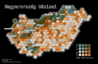 Magyarország Oázisai. (Hungarian Oases) Bivariate choropleth map of Hungary on a black ground, with a dense hexagonal grid, where each hexagon is coloured by the number of springs (in blues) and the number of pubs (in orange/browns). Regional capitals are labelled.