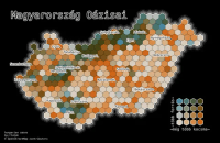 Magyarország Oázisai. (Hungarian Oases) Bivariate choropleth map of Hungary on a black ground, with a dense hexagonal grid, where each hexagon is coloured by the number of springs (in blues) and the number of pubs (in orange/browns). Regional capitals are labelled.