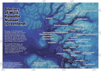 A map showing the bathymetry and sub-glacial topography across West Greenland. The topography is on a black to dark blue to light blue color ramp. Contours are drawn and 250 m intervals. There are many fjords and islands. Several fjords have regions where the depth is 1000+ m. There is a subtle hill-shade layer on top of the terrain. There are ~30 glaciers marked as small orange crosses, with their names written along side. The names are in Greenlandic, for example: Nunaarsussuup Oqquatungaani Sermikassak, Tassartooq, Sermikassak, Umiammakku Sermiat, Nakkala, and Kangilleq. The map is titled: 'Glaciers of West Kalaallit Nunaat (Greenland)' with the following text below: 'Changes to the Greenlandic language coupled with a history of exploration has led to many glaciers having multiple names. Greenlandic names are typically descriptive, whereas names given during expeditions are often say more about those on the expedition. For example, Rink Isbræ was named in honour of Hinrich Johannes Rink (Isbræ meaning glacier in Danish). Its Greenlandic name: Kangilliup Sermia, can be approximately translated to mean: The Eastern Ice.' In the bottom left the data sources are credited: 'Greenlandic Glacier Names by Bjørk, Anders; Kruse, Lisathe; Michaelsen, Peter (2015). https://doi.org/10.6084/m9.figshare.1449148.v2 & BedMachine Greenland by Morlighem, M. et al. (2022). https://doi.org/10.5067/GMEVBWFLWA7X. Date Accessed 24-11-2025.' & in the bottom right it reads : 'by:tlohde'