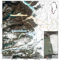 A satellite image showing a few outlet glaciers in west Greenland. Two are labelled: In orange: Kangaasarssup Sermia (KS) and in blue Isortuarsuup Sermia (IS). An inset shows a close up of the terminus of IS where ice bergs can be seen in the lake.