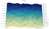 a ridgeplot style map, showing the topography of the Parco Naturale dell'Adamello-Brenta, with a smooth colour ramp from pale yellow in the foreground to darker blue in the far-field. Along the right and left edges are names of Rifugi (mountain huts) and lines leading to its location in hills
