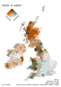 a bivariate choropleth of hilly-ness and rivery-ness in the UK. more rivers = more blue, more varied terrain = more orange/brown