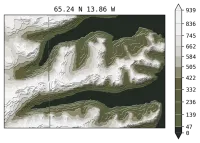 filled contours of an icelandic fjord, the colours mimic what would be seen from space