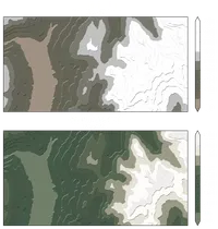 two images showing terrain with filled contours, the top image (titled: March) is more brown, and the snow extends lower down the valley; the bottom image (titled: August) is greener with a higher snow line